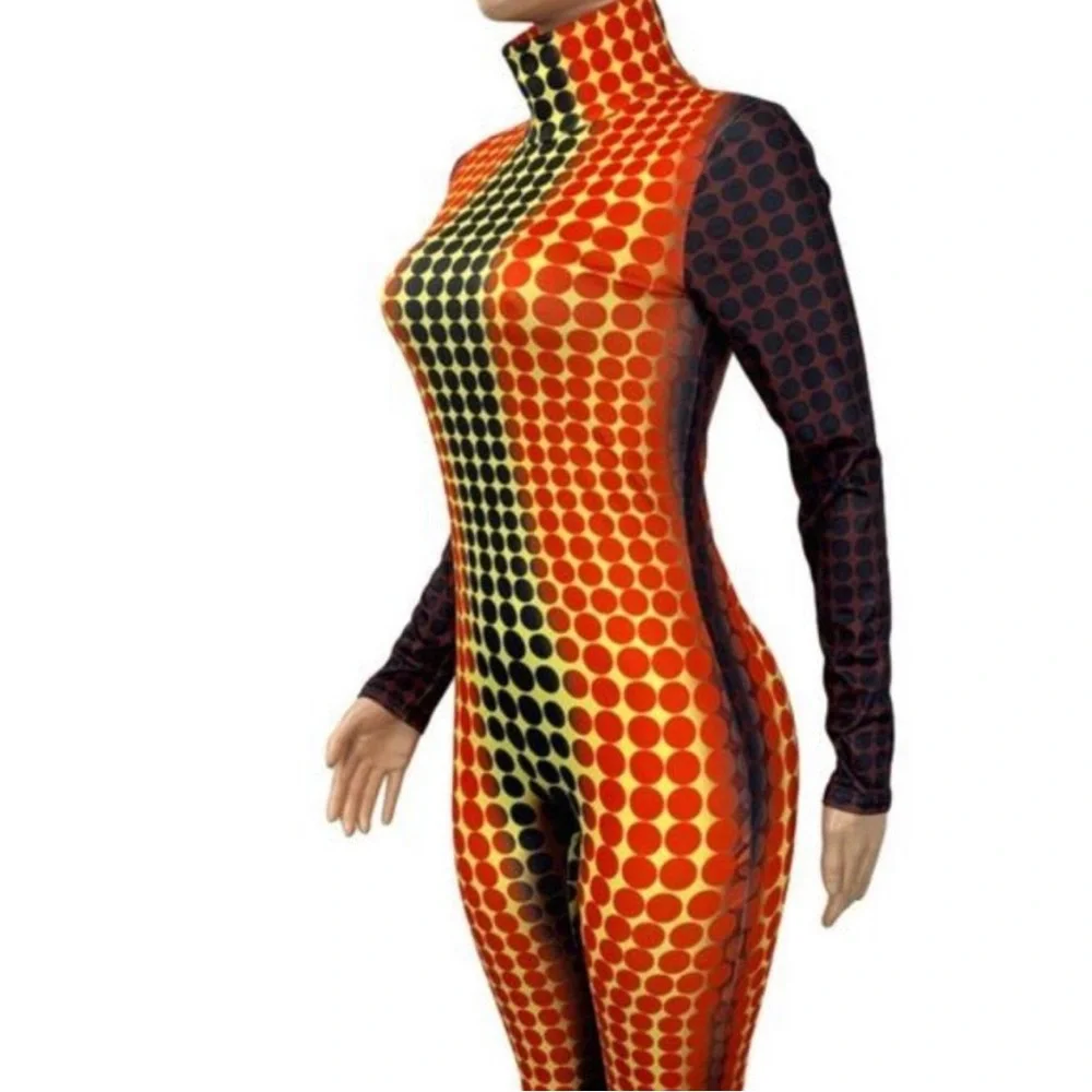 Polka-Dot Illusion Bodycon Zip Front Onesie Jumpsuit Catsuit - Picture 11 of 11